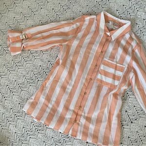 Soft Surroundings Striped Gauze Button Up Blouse Orange/White NWOT (Small)